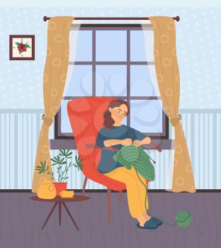 Hobby of woman vector, lady knitting at home sitting in armchair. Interest of character spending time at house. Leisure of person with threads and needles