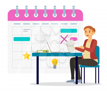 Expectant mother working on laptop in company. Pregnant woman manager of firm at work. Waiting mother using laptop for tasks. Calendar with schedule and appointments or events vector in flat