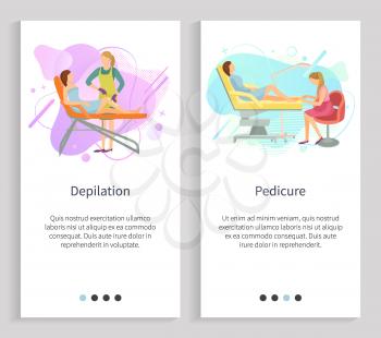 Manicure and pedicure vector, pedicurist and manicurist with clients polishing nails and making fingers and toes shine, beauty salon treatment. Website or slider app, landing page flat style
