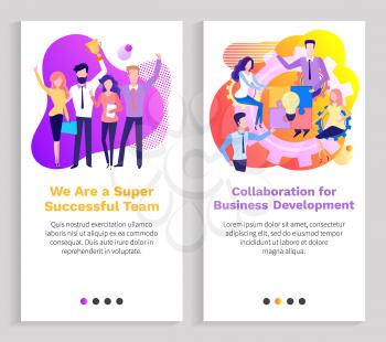 Collaboration for business development vector, super successful team celebrating victory achieved prize and trophy, employees on seminar. Website or slider app, landing page flat style