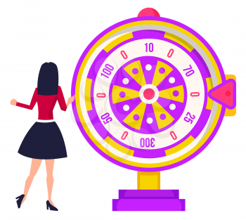 Back view of female spinning fortune wheel, purple roulette with numbers. Gambler woman playing lottery, business success, win jackpot, casino vector