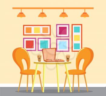 Pizzeria with Italian food vector. Interior of pizza house, food in box and beverage in plastic cups. Coffee drink, interior with pictures in frame and lamps