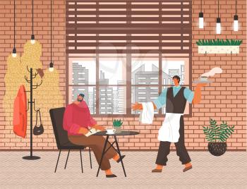 Busy man talking on phone drinking coffee in cafe. Man waiting for order in coffeehouse. Waiter with serving beverage carrying cup of tea to client. Interior of restaurant with decor vector in flat