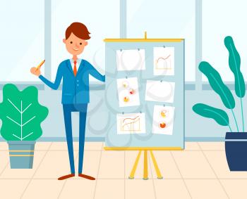 Office worker vector, director showing information concerning business project. Manager wearing formal clothes with whiteboard and notes, director