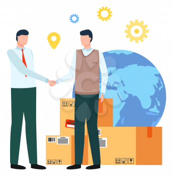 Handshake of partners, collaboration between leaders. Partnership of men shaking hands. Globe and parcels, carton boxes with signs and stickers. Cogwheels and location pointers vector in flat