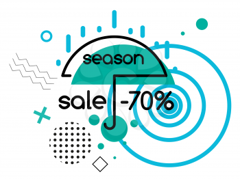 Season sale up to 70 percent off, umbrella and rain, autumn fall or spring sale label in memphis style. Vector special discount offer, final price banner with circles and triangles, creative label