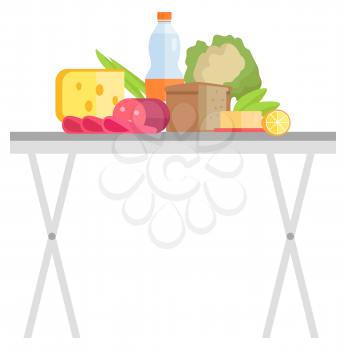 Products on table, meat and cheese, bottle of drink, cabbage and lemon or orange, bread and butter. Food retail, element of garage sale, eat vector