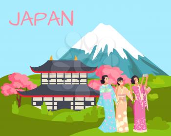 Japan landscape with mountain Fuji. Japanese Temple with Sakura or cherry tree with blooming flowers. Women in kimano taking photo vector illustration