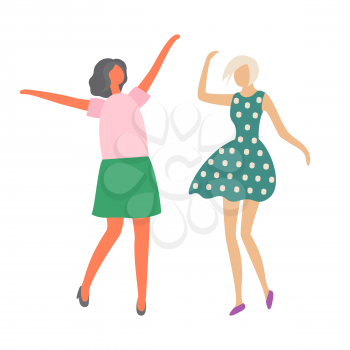Moving girls, female characters dancing isolated. Vector cartoon style flat design people in movement, dance hen-party. Women in dresses full length