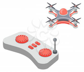 Drone controlled by remote control vector, isolated joystick with buttons. Illustration in flat style of helicopter with wings and propellers. Transportation with controller in distance, toy for kids