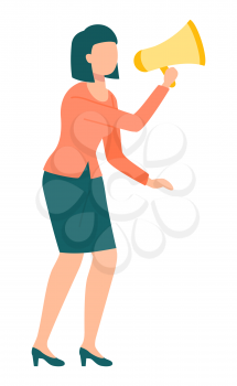 Woman holding loudspeaker, worker character speaking in megaphone. Find right solution, audio equipment, employee with attention object, announce vector