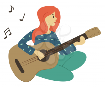 Woman playing guitar isolated cartoon character. Vector redhead lady with musical instrument, female rock musician and notes signs. Guitarist in flat style