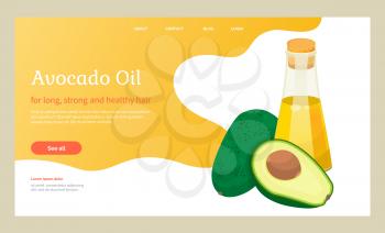 Avocado oil postcard with recipe template icon. Glass bottle of vitamin liquid and half of fresh green food. Card with text hair treatment and natural cosmetic symbol isolated on white vector