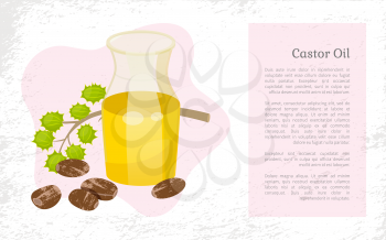 Castor oil info poster, jar with poured oily essence from seeds of ecological element for cosmetics. Hair growth and treatment, skincare and body care. Container with lotion for massage, vector
