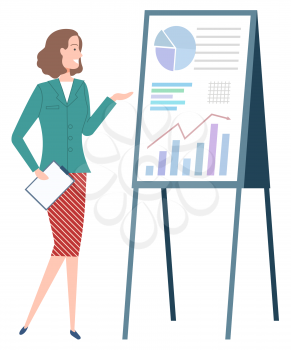 Female person studying business issues, financial education and join to our team concept. Woman standing near board with graphs and charts pointing on chatboard