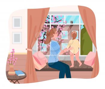 Mom and daughter looking at sakura tree through window. View on cityscape with cherry blossom. Woman and kid sitting on windowsill at home. Spring season and fair weather outdoors, vector in flat