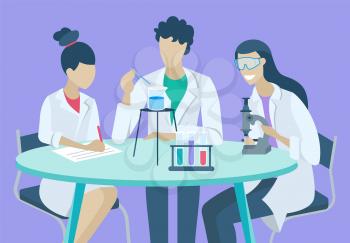 Working scientists, lab research, chemistry laboratory workers and science researchers vector. Infection scientists, biologists or genetic engineers. Man and women at table with flasks illustration