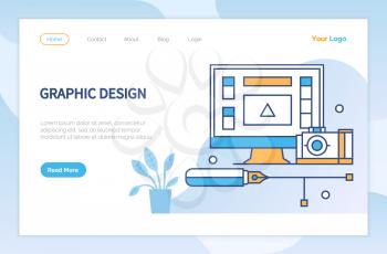Graphic design, creating illustrations and logotypes for sites. Workplace of designer with notebook and digital camera. Equipments for creative work. Website or webpage template, landing page vector