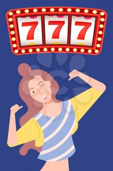 Girl posing in front of lucky sevens big glowing illuminated sign. Neon gambling advertisement with small light bulbs, casino concept vector illustration