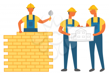 People reading plan on paper vector, man with scheme on document. Person holding shovel building wall with cement and bricks. Flat style characters