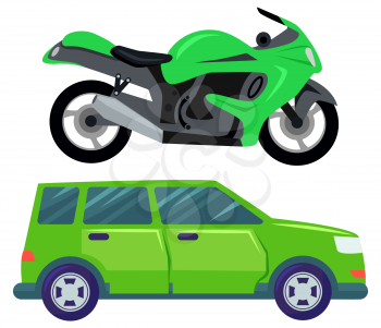 Transport of green color vector, motorbike and van of old sample flat style. Minivan small lorry and modern bike with seat and handles, minibus vehicle
