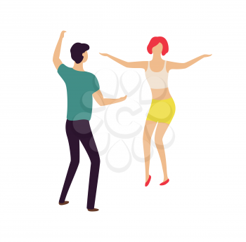 Man and woman dancing opposite each other, girl and boy moving together, people with rising hands, characters in casual clothes, entertainment vector