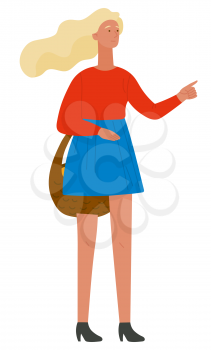 Blonde girl with straw basket isolated on white. Woman wearing red shirt and blue skirt. Female character pointing at with finger vector illustration