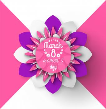8 March womens day paper cut flower greeting card with Japanese origami. Vector blossom folder in decorative shapes and figures, buds and leaves