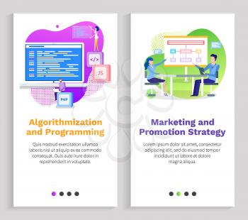 Algorithmization and programming vector, marketing and promotion of products, people sitting on conference, computer and laptop innovation. Website or slider app, landing page flat style