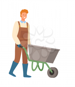 Male working on farm vector, isolated person with metal cart, man pushing empty container with nothing in it, agriculture and husbandry, harvesting
