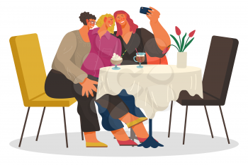Female friends taking selfie in restaurant or cafe. Friends spending weekends together drinking coffee and talking. Served beverages on table with vase and tulips. Relaxing women vector in flat
