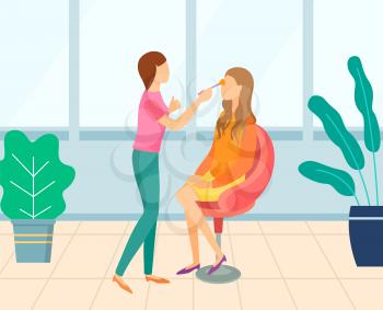 Visagiste doing makeup to woman sitting in chair, houseplant in studio. Maquillage to female, professional holding brush, beauty salon, glamour vector