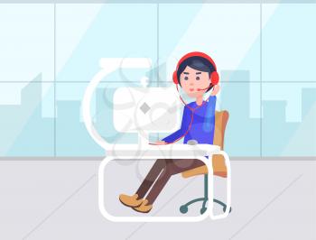 Man with computer and headset or headphones, workplace and office worker vector. IT manager at desk on chair, business center, window with cityscape