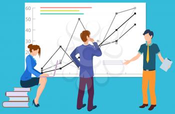 Business education concept, men discussing financial issues, growing charts on board, analytical planning. Vector woman sits on piles of books with notebook