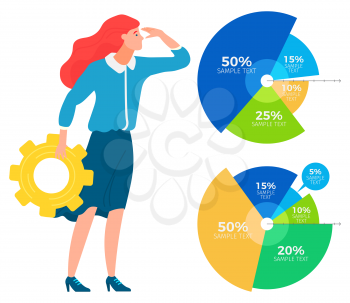 Woman standing with gearwheel in hand near data chart, diagram and looking on it. Data graph on coordinate plane. Business tools for innovations and cooperation. Vector illustration flat style