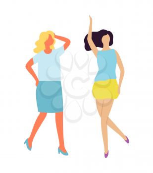 Happy women dancing at hen-party isolated cartoon characters. Vector blond and brunette sexy girls in dance, hangout of cute business ladies, flat style