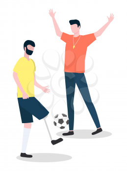 Man character with prosthesis leg playing football with trainer. Medical service for male with amputation of limb object. Support and rehabilitation of person with prosthetic modern symbol vector