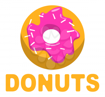 Donut decorated by pink glaze and sprinkles, creative idea for bakery cafe. Dessert logo, restaurant element, doughnut delicious food, baked meal, cake with chocolate, candy product, lunch vector