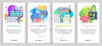 Credit and debit cards vector, checking and saving accounts on bank, piggy and strongbox with financial assets and savings of client, wealth. Website or slider app, landing page flat style