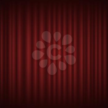 Red theater curtain, long silk, hanging on cornice vector. Luxury scarlet textile or fabric, concert hall decoration and equipment, backdrop or background