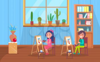 Schoolkids at painting lesson or club. Kids draw composition of vase, flowers and apple on easel by tassel. Cactus and bookshelf near window. Back to school concept. Flat cartoon vector illustration