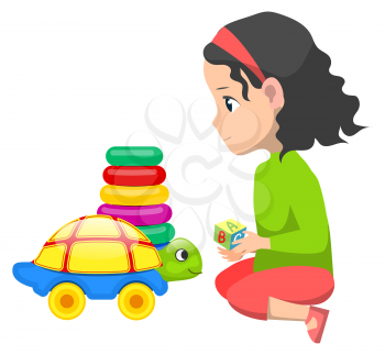 Little girl playing with toys on floor. Toy as car like turtle. Pyramid with colorful rings, green and red, yellow and violet. Kid isolated on white background. Vector illustration in flat style