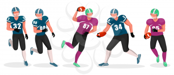 Collection of people playing gridiron in teams. Competition between members. American football players involved in aggressive kind of sports. Running athletes and tossing ball, vector in flat style