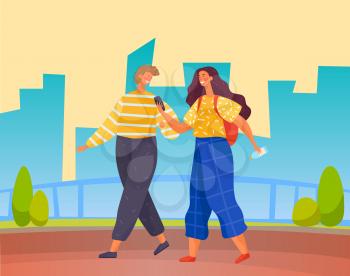 Man and woman walking along cityscape in evening. Female character holding phone looking at screen. Lady with water bottle talking to male. Couple on vacation in unknown city, vector in flat style