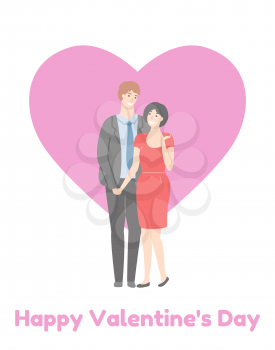 Happy Valentines day poster, adult couple, handsome man in suit and pretty woman in red dress isolated on pink heart. Vector husband and wife,family people