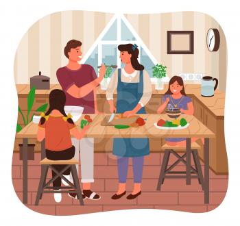 Parents and children in kitchen cooking dishes together. Kids helping parents to cook. Family spending time together, woman trying ready food given by man. Wife wearing apron, vector in flat