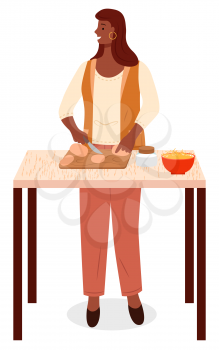 Woman stand by table, person alone in kitchen. Lady cutting fresh vegetables, potatoes by knife. Kitchenware and bowl, cutlery and products on desk. Vector illustration of cooking process in flat