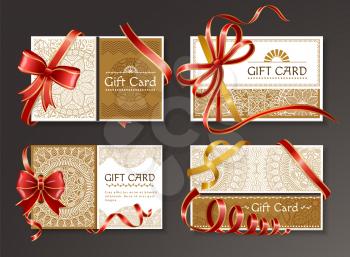 Gift card decorated by ribbon and big bow in red color. Festive postcard with text template and pattern white. Invitation icon or coupon with golden frame and elegant stripes on black. Present voucher