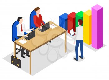 Office managers sit by laptops. Man near statistics chart, data analysis diagram. People on meeting talking about project, work in team. Vector illustration of appointment in company, isometric style