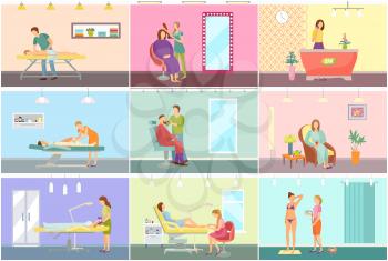 Spa center and beauty salon interior cartoon set vector banner. Equipment and amenity for medical and cosmetic procedures, specialists and clients